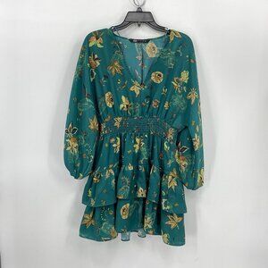 Zara Green Satin Mini Dress Tiered Skirt Floral Print V Neck Ruffle Womens L